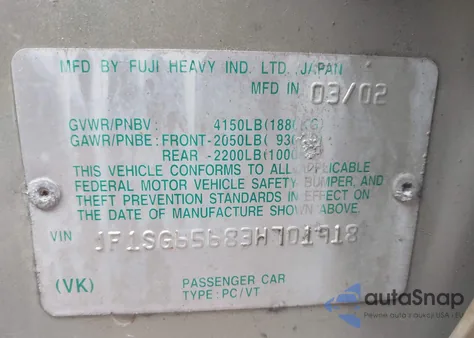 2003 Subaru Forester Xs z USA, uszkodzony, nr VIN JF1SG65683H701918